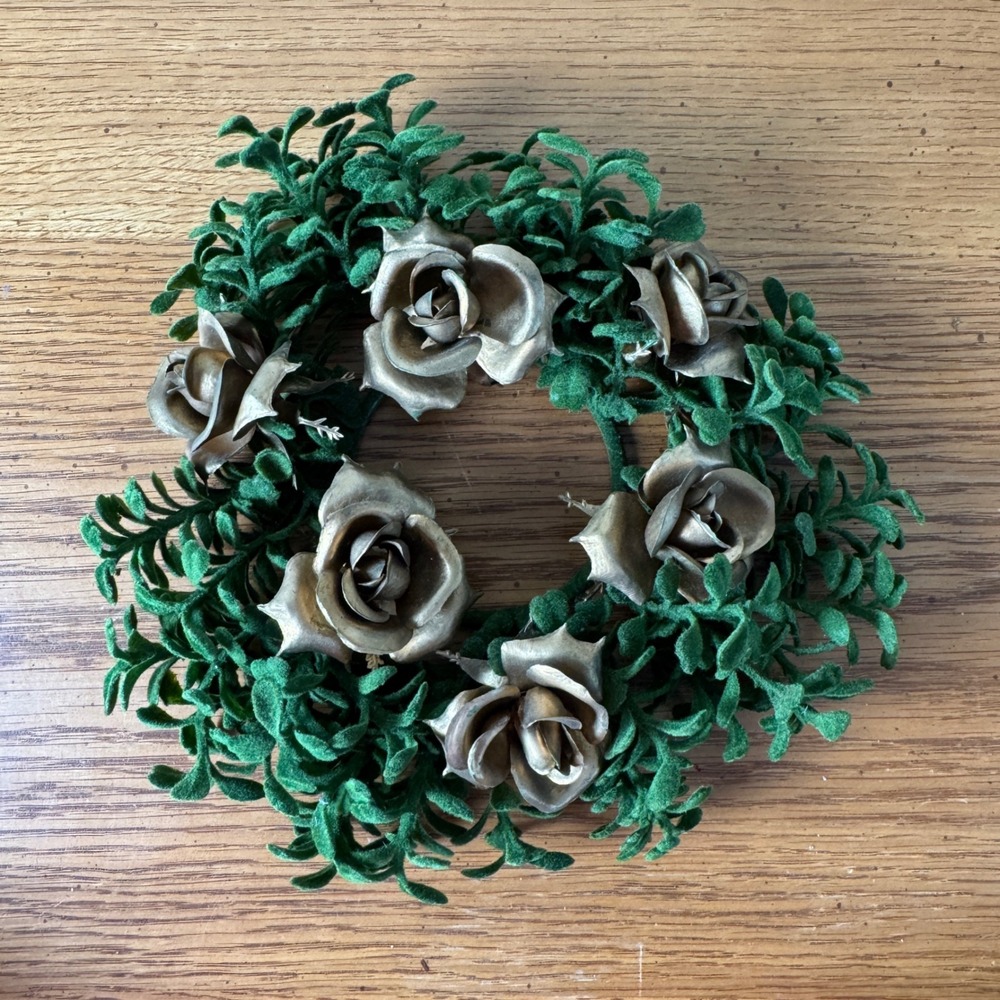 Artificial Wreath Green‎ Leaf Flocked Gold Rose Small Candle Wreath Accents